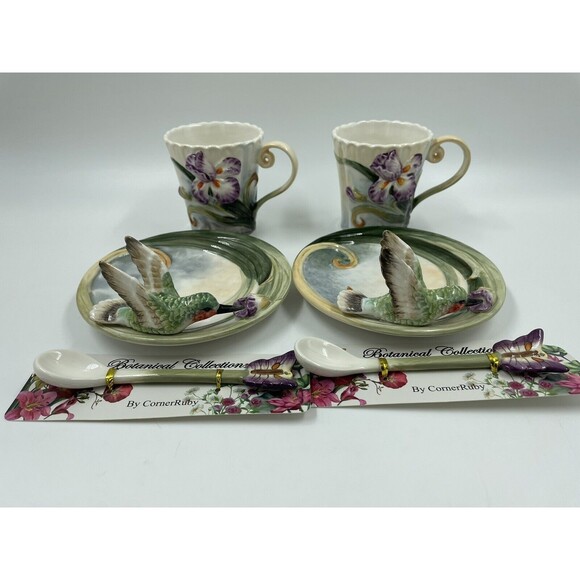2-PC CORNER RUBY BOTANICAL COLLECTION COLIBRI TEA CUP  W BUTTERFLY SPOON SET N06 - Picture 5 of 10